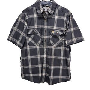 Carhartt Short Sleeve Button Up Shirt Men's Large Gray Plaid Relax Fit Pocket
